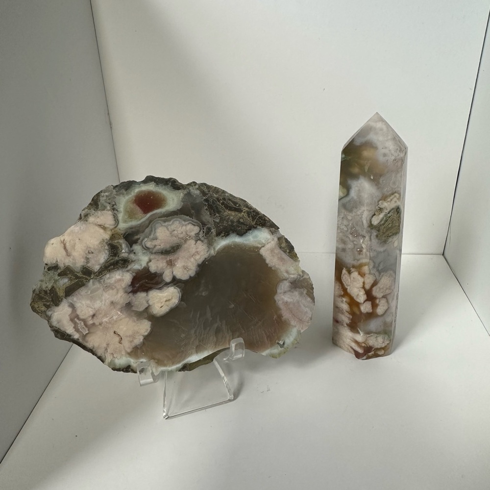 Green flower agate slice and Tower Set